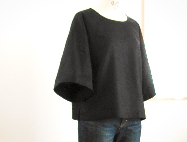 ＜再販×13＞ブラック・ネイビーリネンゆったり七分袖＊クルーネックプルオーバー