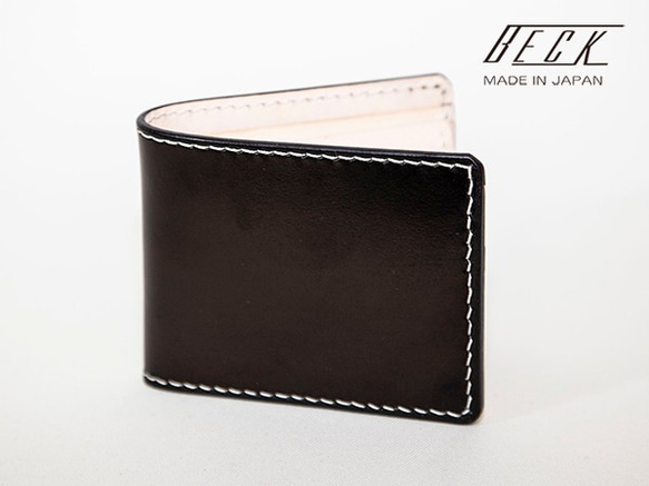 栃木レザー手染めのトラディショナルな厚革折財布　BKS001-BK 1枚目の画像