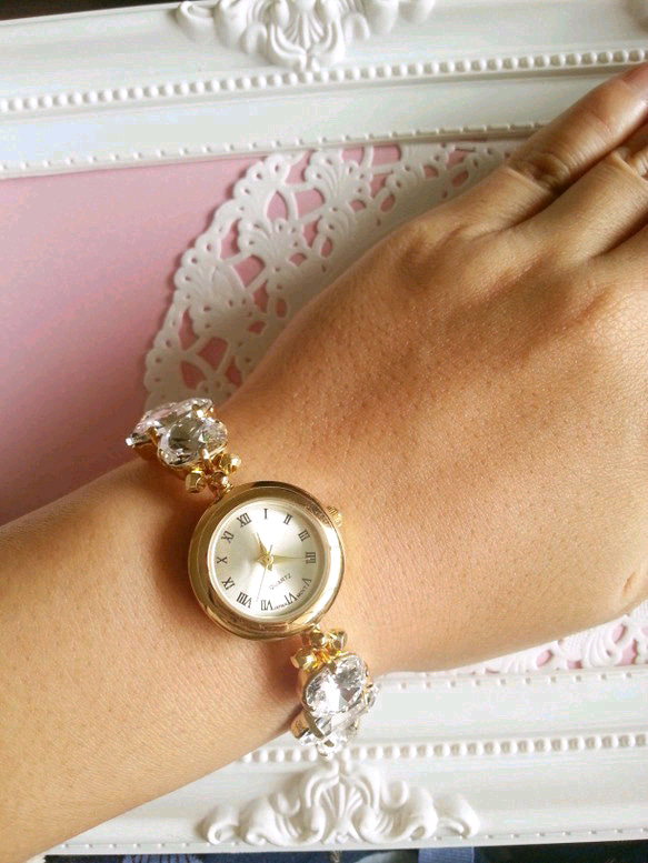 受注生産】コットンパール&スワロフスキークリスタルのビジュー腕時計  