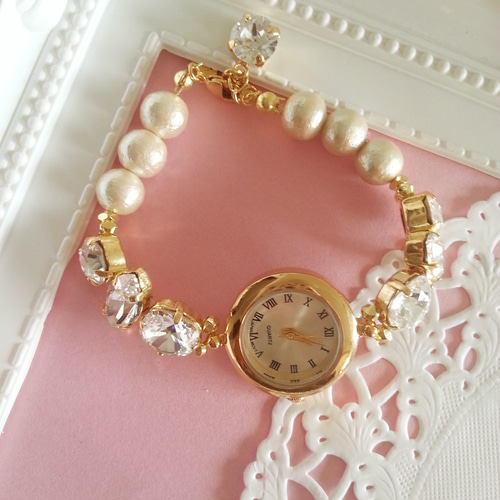 受注生産】コットンパール&スワロフスキークリスタルのビジュー腕時計  