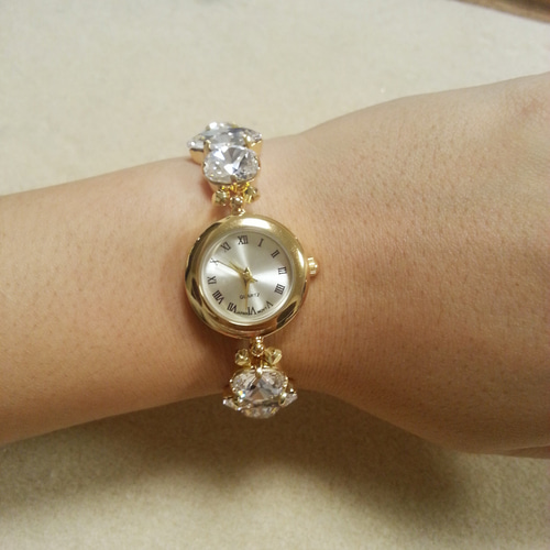 受注生産】コットンパール&スワロフスキークリスタルのビジュー腕時計  