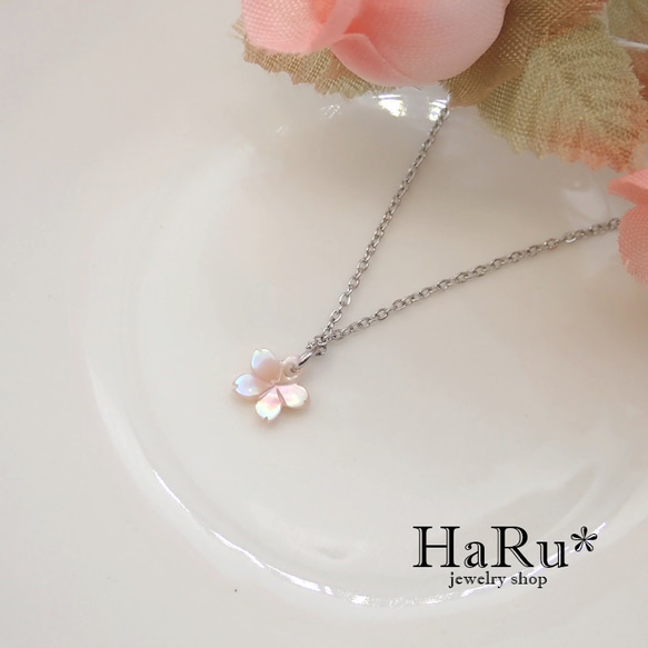 6ｍｍ極小桜＊ピンクシェル☆サージカルステンレスネックレス*N15 3枚目の画像