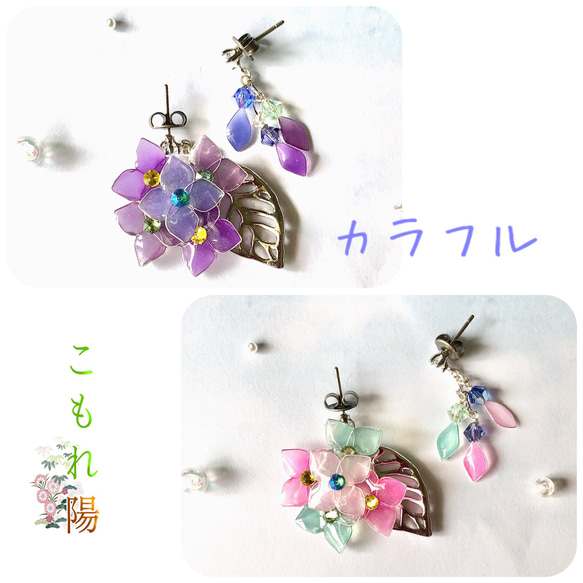 温度で色が変わる？！　紫陽花　イヤリング　ピアス　version1  ディップフラワーアクセサリー 2枚目の画像