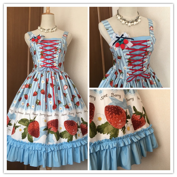 [年終銷售]草莓條紋連衣裙薩克斯 第5張的照片