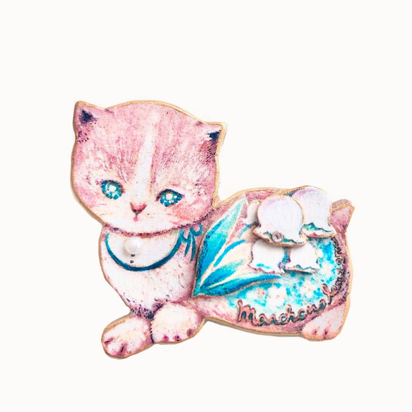すずらんと猫の革製ブローチ&チャーム (ぱっちりver.) 1枚目の画像