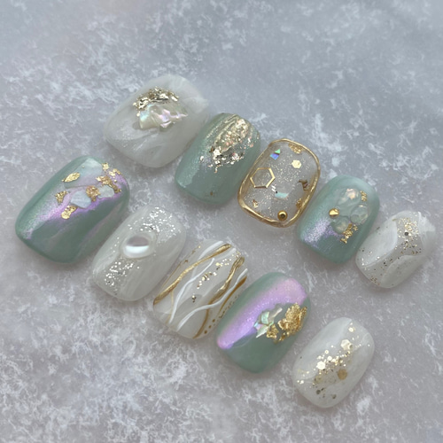 No.12】 ネイルシール1回分付 グリーン シアーホワイト 偏光ピンク  