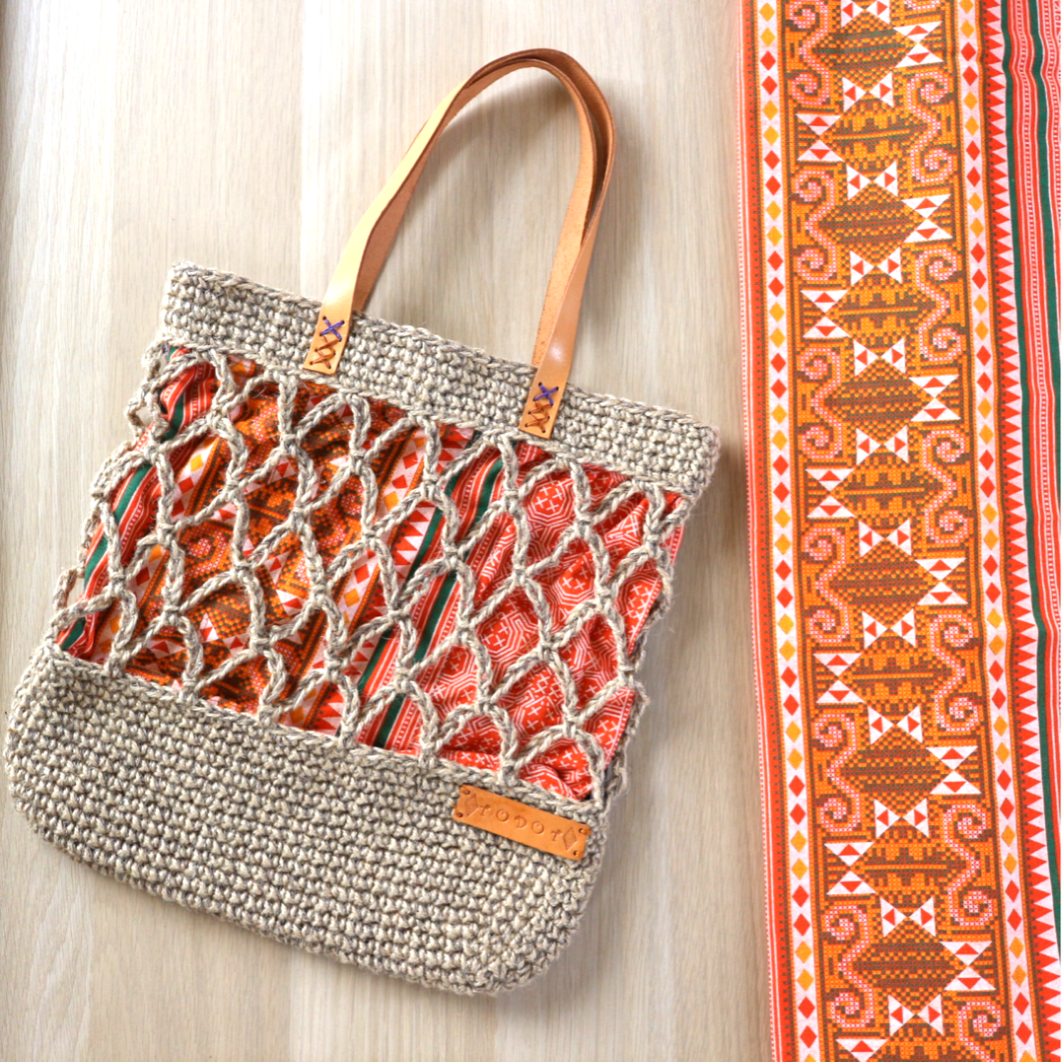 《受注制作》♢アミアミの麻ひもバッグ♢ブルー×オレンジ♢