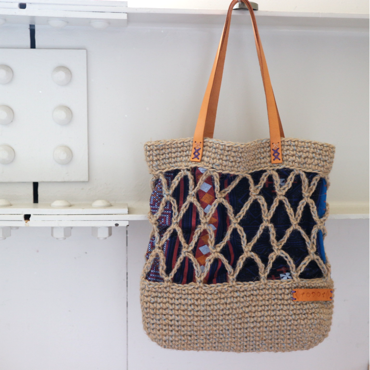 《受注製作》♢アミアミの麻ひもバッグ♢Blueステッチプリント♢