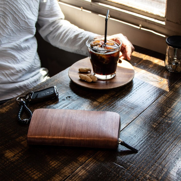 【木と革が一つに】 DearwooD(ディアウッド）木製 ブビンガ 牛革 ラウンドファスナー 長財布 木の財布 ラウンドファスナー
