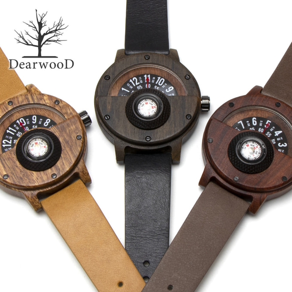 DearwooD ディアウッド ウッドウォッチ 木製 レザーベルト ディスク式 コンパス 方位磁針 メンズ 男性 腕時計 1枚目の画像