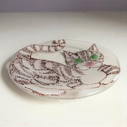 限定販売***ガラス皿まるねこ[しましま・ブラウン]土井朋子 RoundplateBrowntabbycat 3枚目の画像
