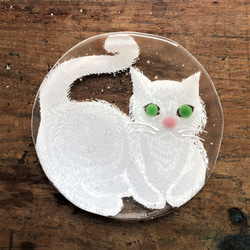 限定販売***ガラス皿まるねこ[ホワイト]土井朋子 Roundplatewhitecat 1枚目の画像