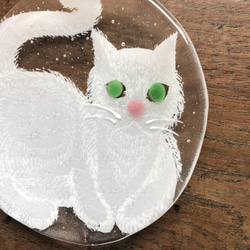 限定販売***ガラス皿まるねこ[ホワイト]土井朋子 Roundplatewhitecat 2枚目の画像