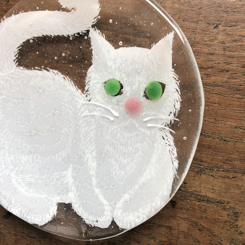土井朋子 レース 猫 花 ガラス 丸皿 限定販売***ガラス皿まるねこ[ホワイト]土井朋子