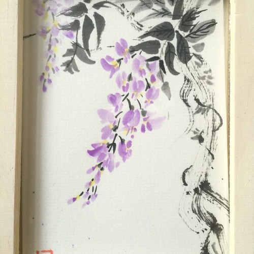 【真作】絵画　水墨画　藤の花　優雅な筆致　風情漂う墨の表現　伝統美術　W20 真作】絵画 水墨画 藤の花 優雅な筆致 風情漂う墨の表現 伝統