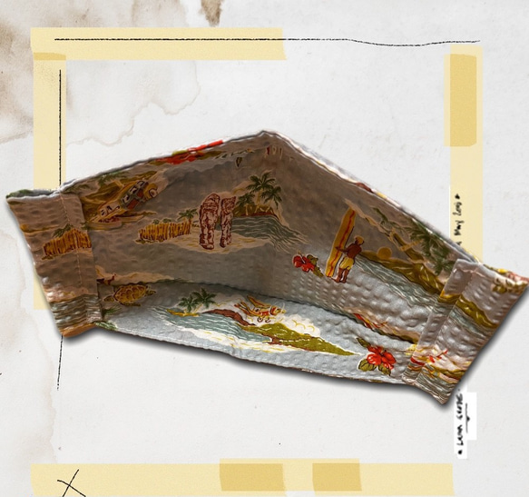 リップル素材の折り上げ立体夏マスク 水色ハワイアン 送料込み 3枚目の画像