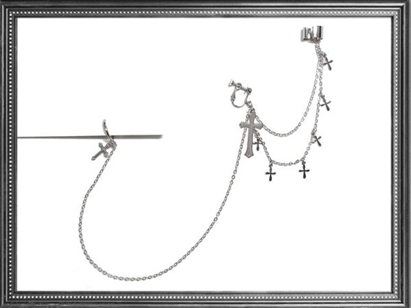ゴシック・パンク・ゴスロリヴィジュアル系十字架のイヤーカフス＆偽口ピアス/ダミー口ピアス銀・コスプレなど 2枚目の画像