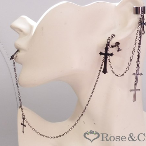 ゴシック・パンク・ゴスロリヴィジュアル系十字架のイヤーカフス＆偽口