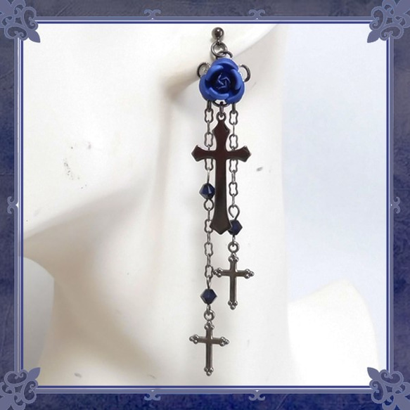 哥特式朋克哥特蘿莉視覺玫瑰和十字架穿孔/藍色耳環多變/ cosplay等 第3張的照片