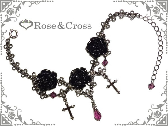 ゴシック・パンク・ゴスロリヴィジュアル系薔薇＆十字架のブレスレット・紫 2枚目の画像