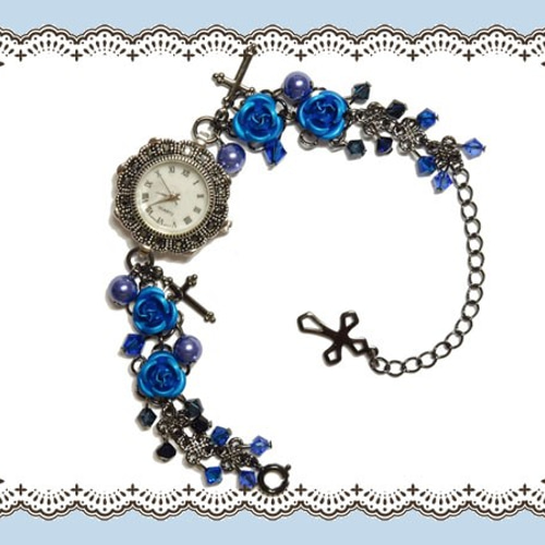 ゴシック・パンク・ゴスロリヴィジュアル系青薔薇＆ビーズの腕時計