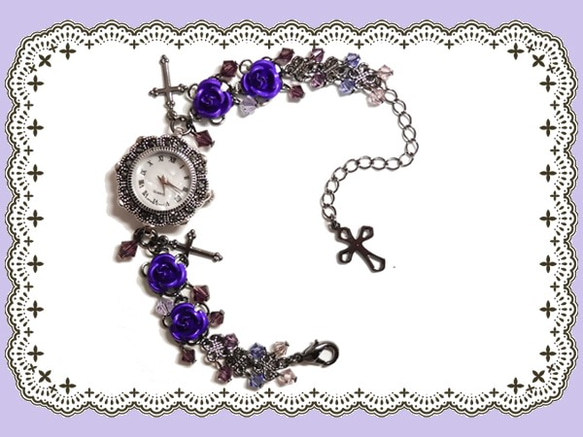 ゴシック・パンク・ゴスロリヴィジュアル系紫薔薇＆ビーズの腕時計・コスプレなど 1枚目の画像