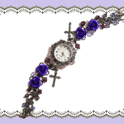 ゴシック・パンク・ゴスロリヴィジュアル系紫薔薇＆ビーズの腕時計・コスプレなど 2枚目の画像