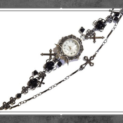 ゴシック・パンク・ゴスロリヴィジュアル系コウモリ＆薔薇の腕時計/黒・コスプレなど 2枚目の画像