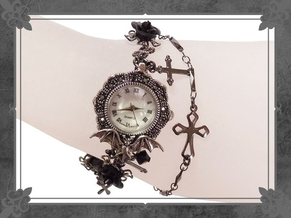ゴシック・パンク・ゴスロリヴィジュアル系コウモリ＆薔薇の腕時計/黒・コスプレなど 3枚目の画像