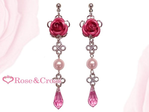 Princess ☆ Rose &amp; Pink Drops Earrings Silver / 耳環可以更換！適合婚禮和派 第1張的照片