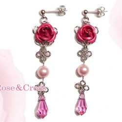 Princess ☆ Rose &amp; Pink Drops Earrings Silver / 耳環可以更換！適合婚禮和派 第2張的照片