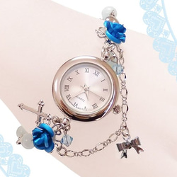 水色薔薇の腕時計＆天然石アクアマリン ブレスウオッチ 銀 シルバー バラ リボン ハート チェーン 3枚目の画像