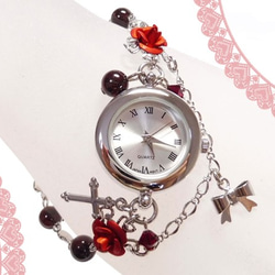 赤薔薇の腕時計＆天然石ガーネット ブレスウオッチ 銀 シルバー バラ リボン ハート チェーン 3枚目の画像