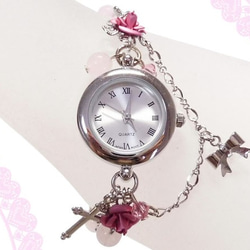 粉紅玫瑰手錶和天然石玫瑰石英呼吸手錶銀銀玫瑰絲帶心形鏈 第3張的照片