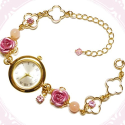玫瑰和天然石粉紅色蛋白石手錶！時尚、可愛、充實的配飾 第2張的照片