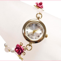 粉紅玫瑰和天然石玫瑰石英腕錶金黃金時尚、可愛和充實的配飾 第4張的照片