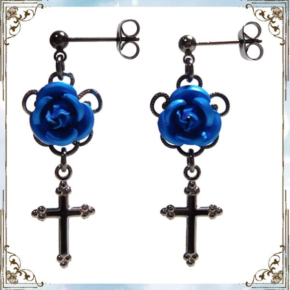 Gothic Punk Gothic Lolita Visual Kei Rose &amp; Cross Earrings / 第2張的照片