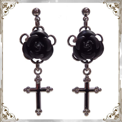ゴシック・パンク・ゴスロリヴィジュアル系薔薇＆十字架のピアス/黒