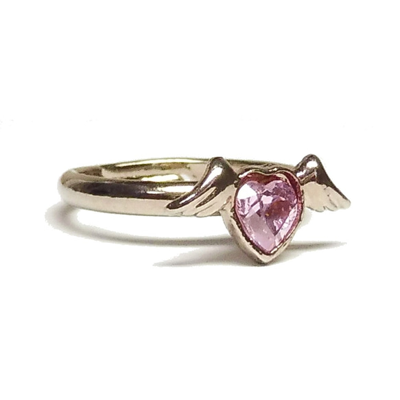姫系 ピンク色 キュービックジルコニア リング (指輪) フリーサイズ 銀 シルバー 羽根 ハート アクセサリー 2枚目の画像