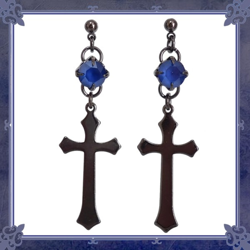 プラチナ 十字架 クロス ピアス ロイヤルブルームーンストーン