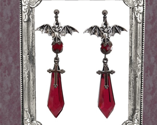 コウモリ 蝙蝠 十字架 クロス 赤 レッド ピアス/イヤリング ゴスロリ