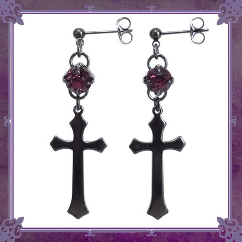 選べる 4つの誕生石 十字架 Cross ピアス ストーン 十字架 クロス 紫 パープル ピアス/イヤリングに変更可