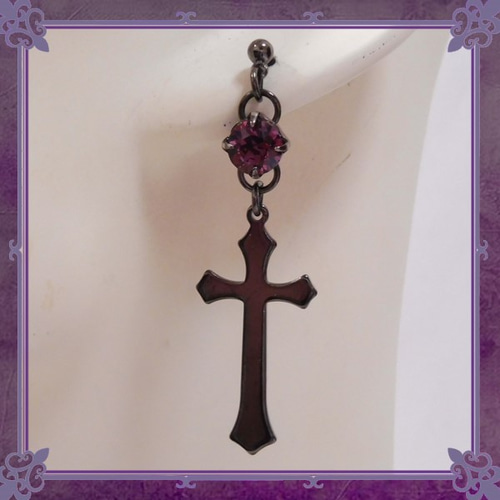 十字架 Cross hoop purple zirconia stones ピアス 十字架 Cross hoop purple zirconia stones ピアス ピアス