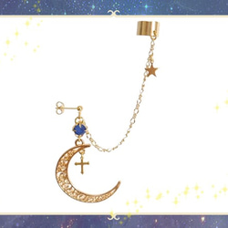 三日月 クレセントムーン 宇宙 星 金 ゴールド 青 (イヤーカフス＆ピアス) イヤークリップ 片耳用 アクセサリー 2枚目の画像