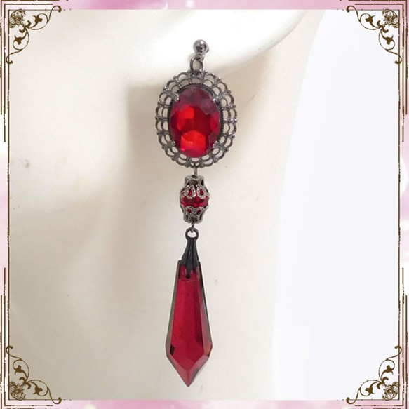 橢圓形石劍尖珠（耳環）雙耳紅色哥德蘿莉龐克 V 配件服裝 第2張的照片