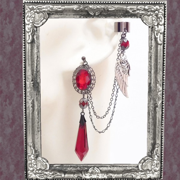 羽毛羽毛（耳袖和耳環/耳環）紅色哥特式洛麗塔朋克V飾品（一隻耳朵） 第1張的照片