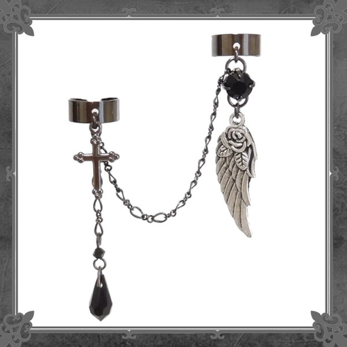 十字架 クロス 羽根 はね フェザー 2連イヤーカフス 片耳用 黒