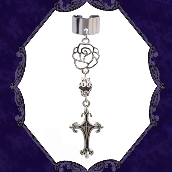 玫瑰玫瑰玫瑰十字架十字架紫色紫色耳套耳夾耳套哥特式Lolita朋克配飾 第2張的照片