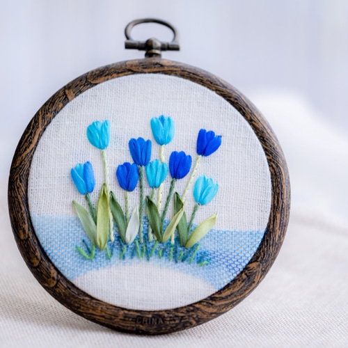 青チューリップの花の刺繍製作キット_A.F.E 19 〜シルクリボンで簡単に