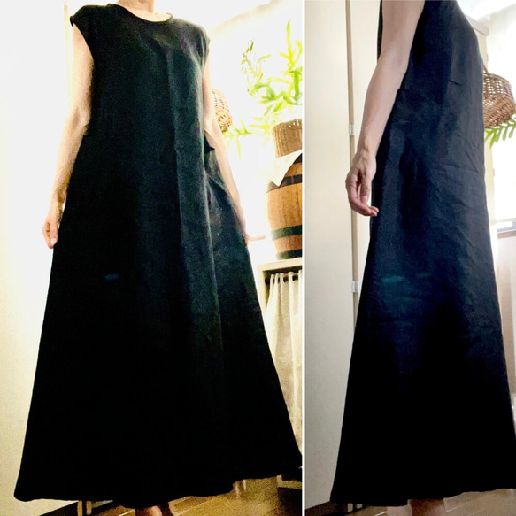 再販【サイズオーダー可能 着丈130cmまで】大人気リネン100% 黒 マキシ 